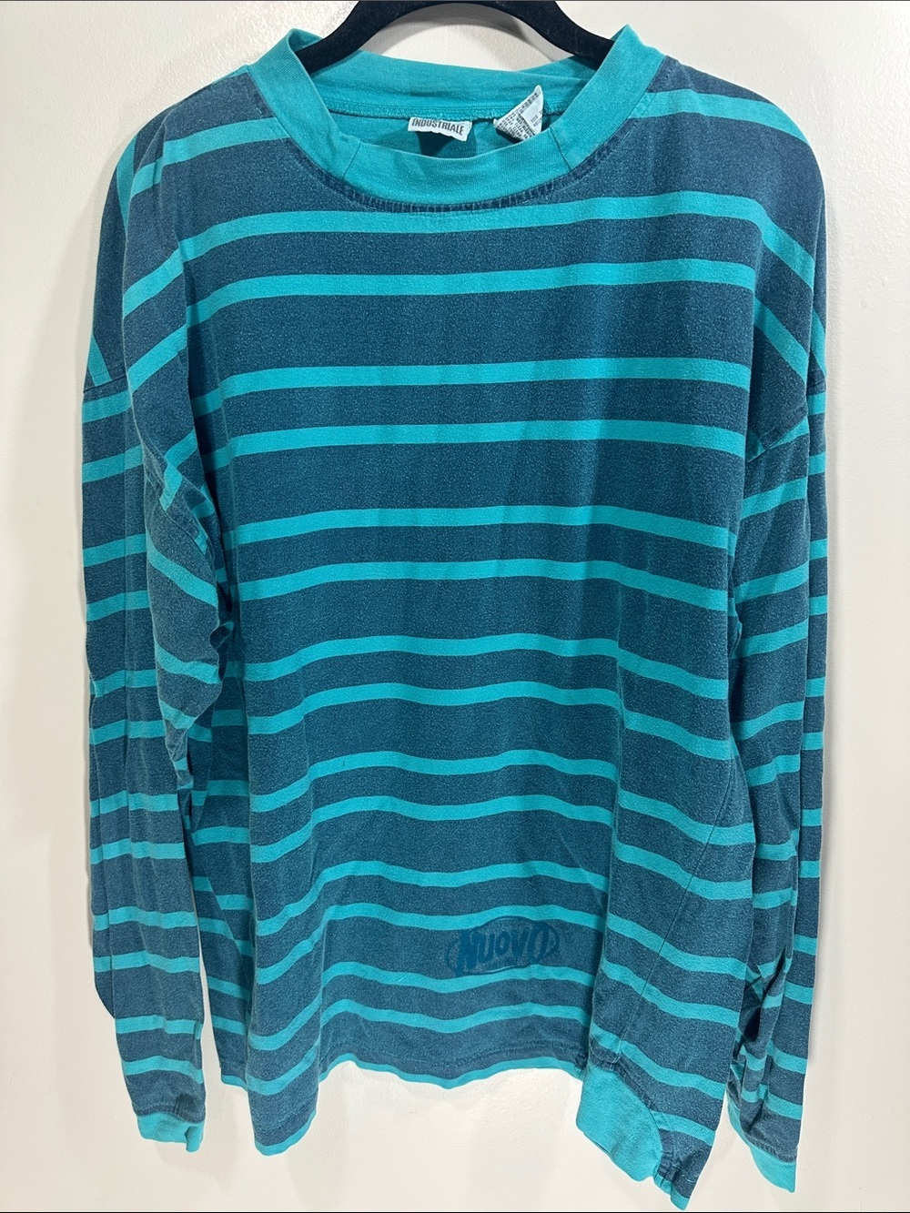 NUOVO Teal & Navy Striped Crewneck Long Sleeve Tee Large 100% Cotton